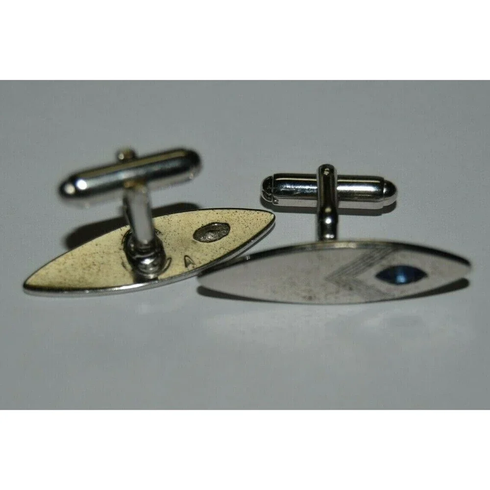 Vintage Large Oval Chrome Silver & Blue Stone Mid Century Modern Cuff Links RARE